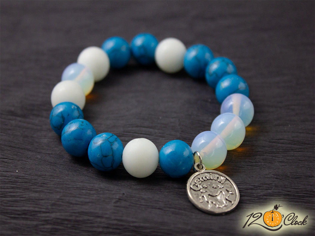 Гривна "Син тюркоаз, лунен камък и бял ахат мат" - Зодия Близнаци