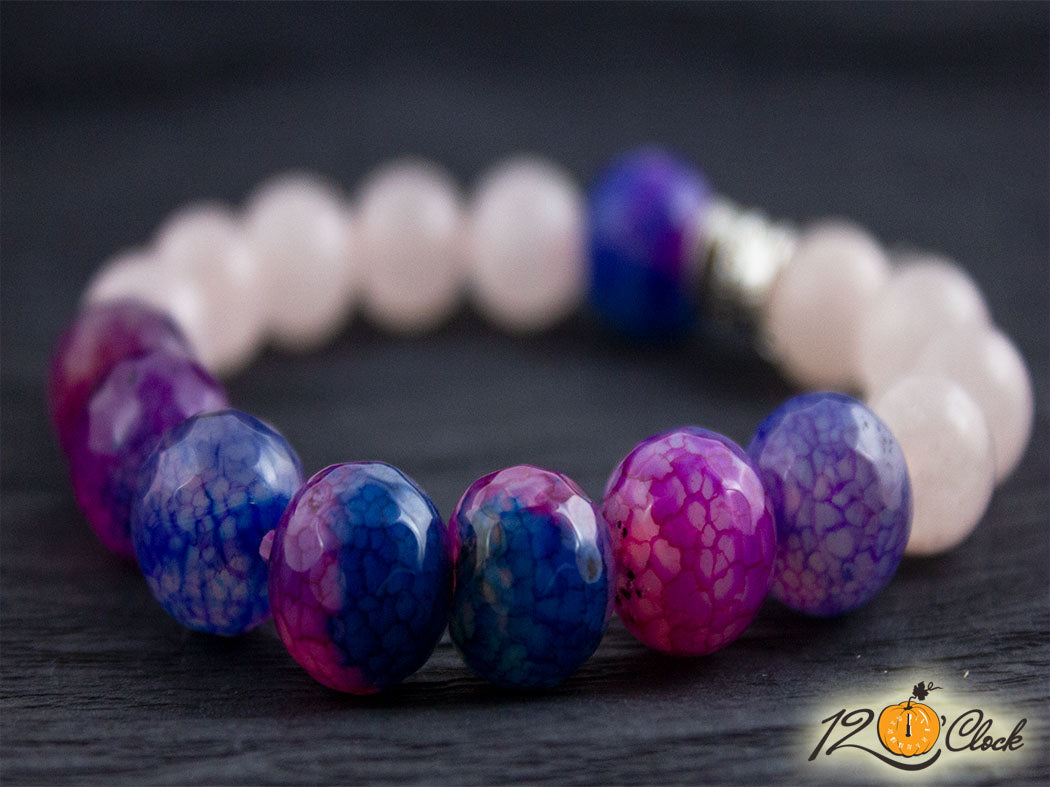 Гривна "Годината на металния бик" -синьо розов лилав драконов ахат и розов кварц