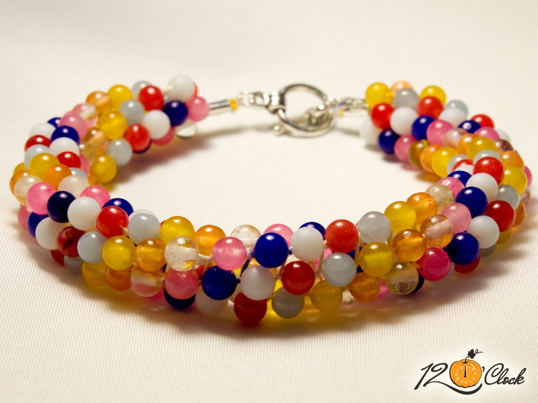 Кръгла плетеница "Разноцветни ахати, розов и турмалинов кварц"