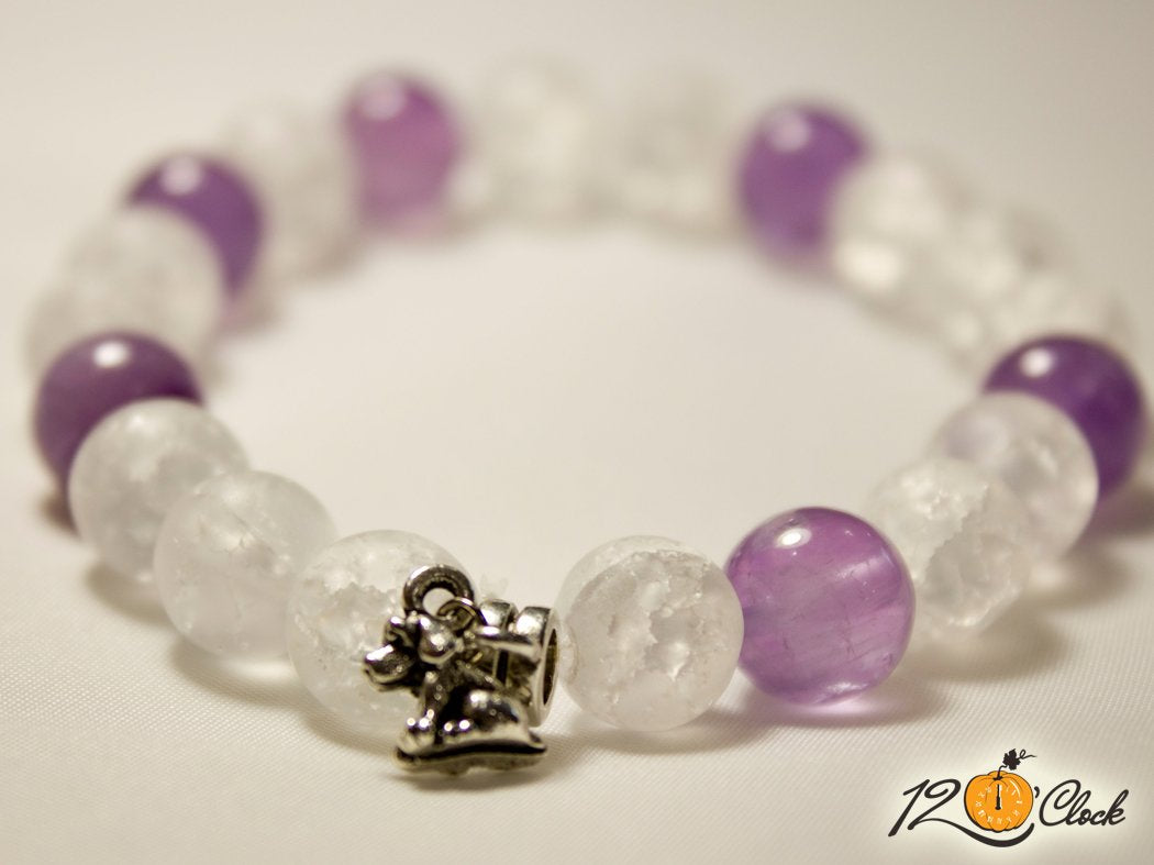 Гривна "Годината на кучето с аметист и напукан планински кристал мат"