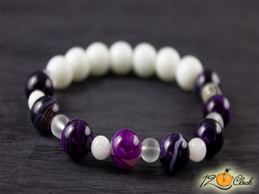 Гривна "Лилав ивчест ахат, планински кристал, седеф и бял ахат" - зодия Близнаци