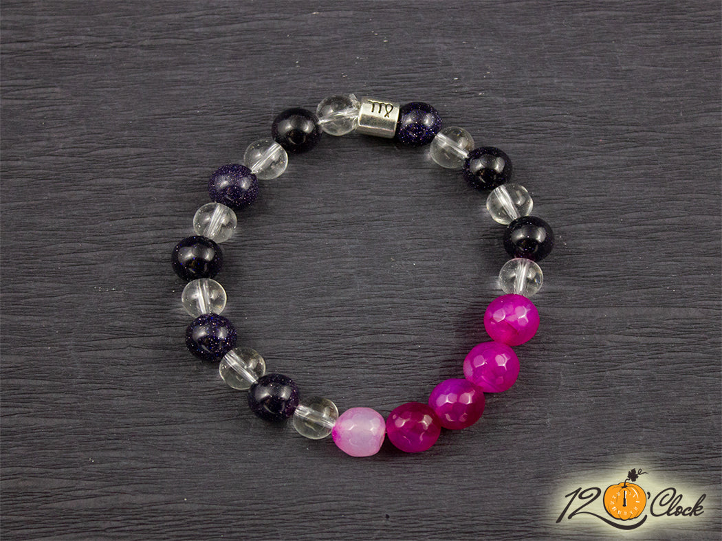 Гривна "Слънчев камък, розов ивчест ахат и планински кристал" - Зодия Дева