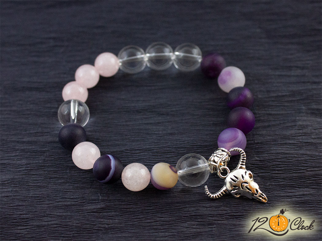 Гривна "Годината на металния бик" -лилав ивчест ахат, планински кристал и розов кварц