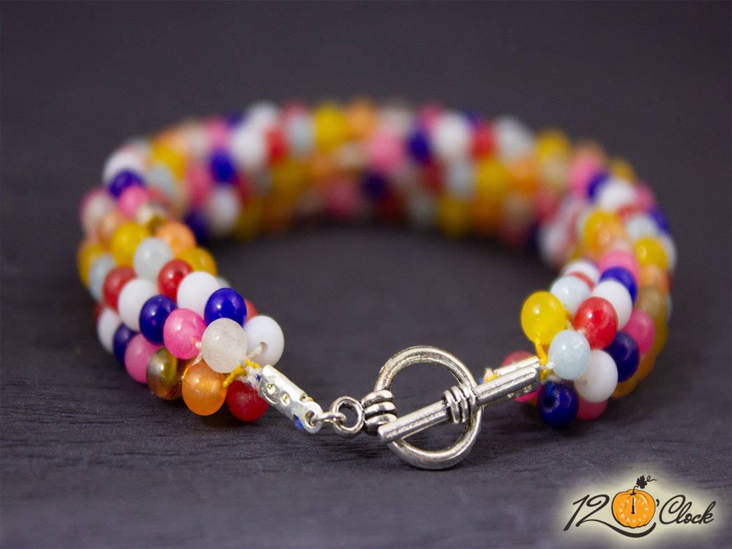 Кръгла плетеница "Разноцветни ахати, розов и турмалинов кварц"