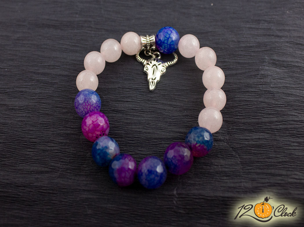 Гривна "Годината на металния бик" -синьо розов лилав драконов ахат и розов кварц